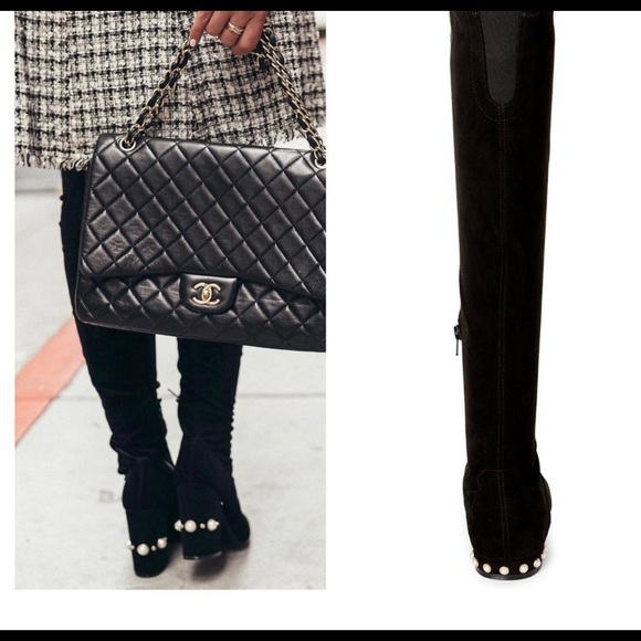 Ivanka Trump Black Freeda knee High Pearl Embellished Heel Faux Suede Boots - Picture 1 of 10